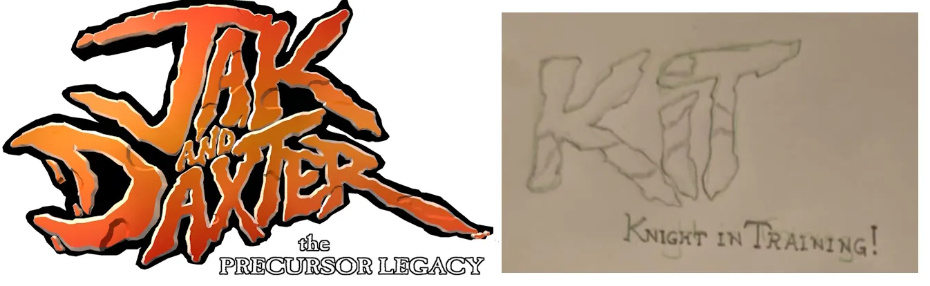 A sketch of the Jak and Daxter logo next to an early sketch of the KIT logo
