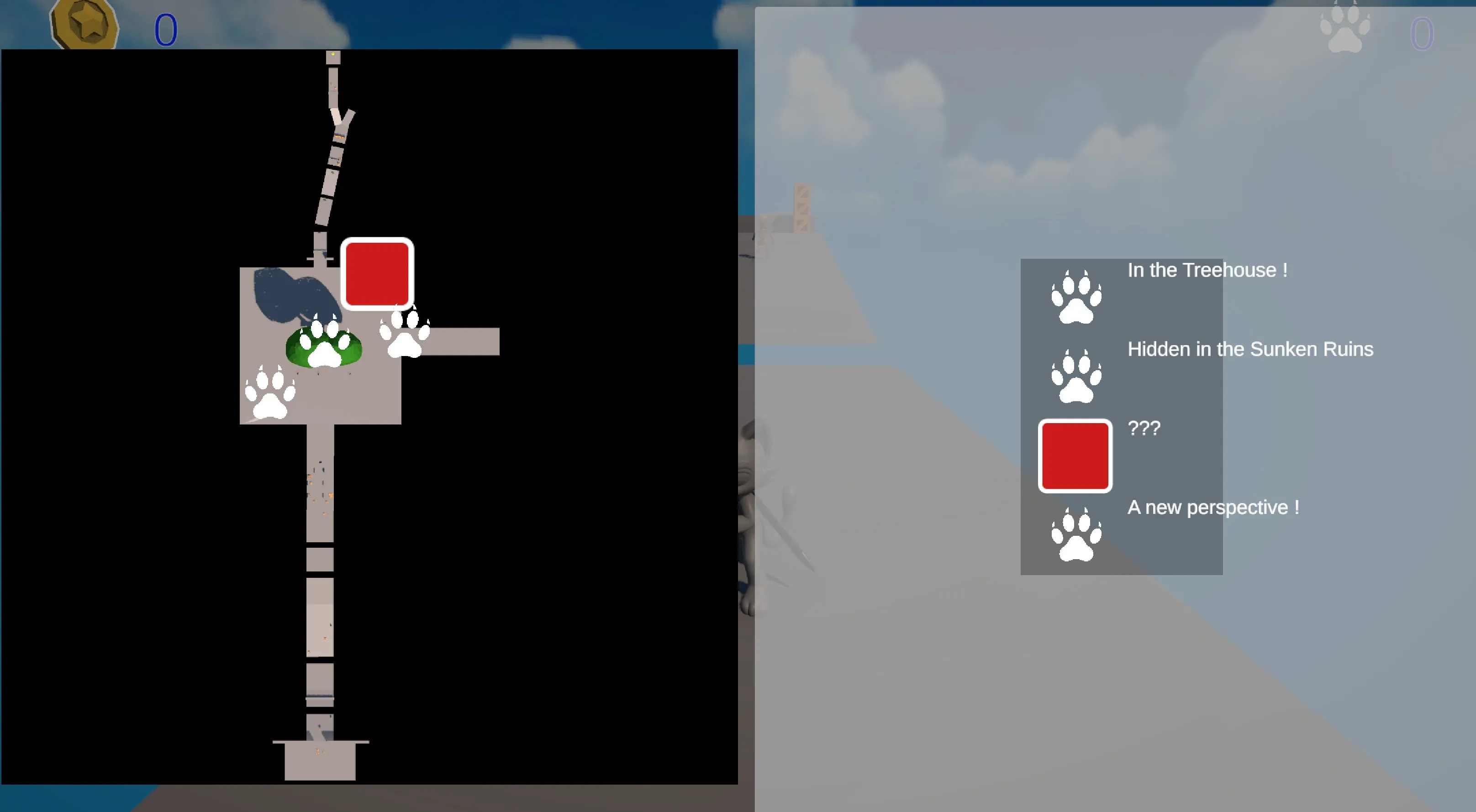 A screenshot of the map and quest system