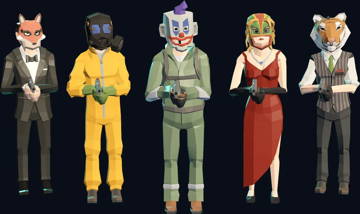 Five robbers in different outfits and masks