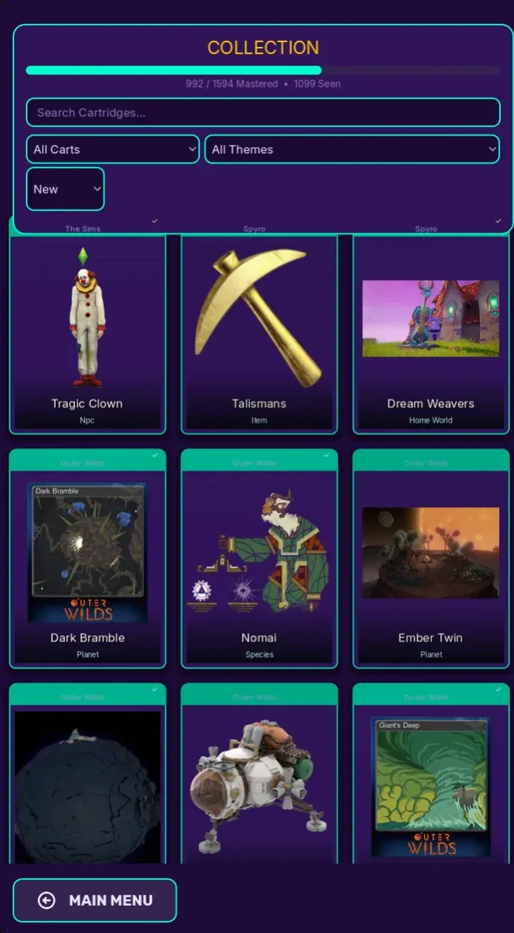 The Skill Check collection screen, full of illustrated cartridges